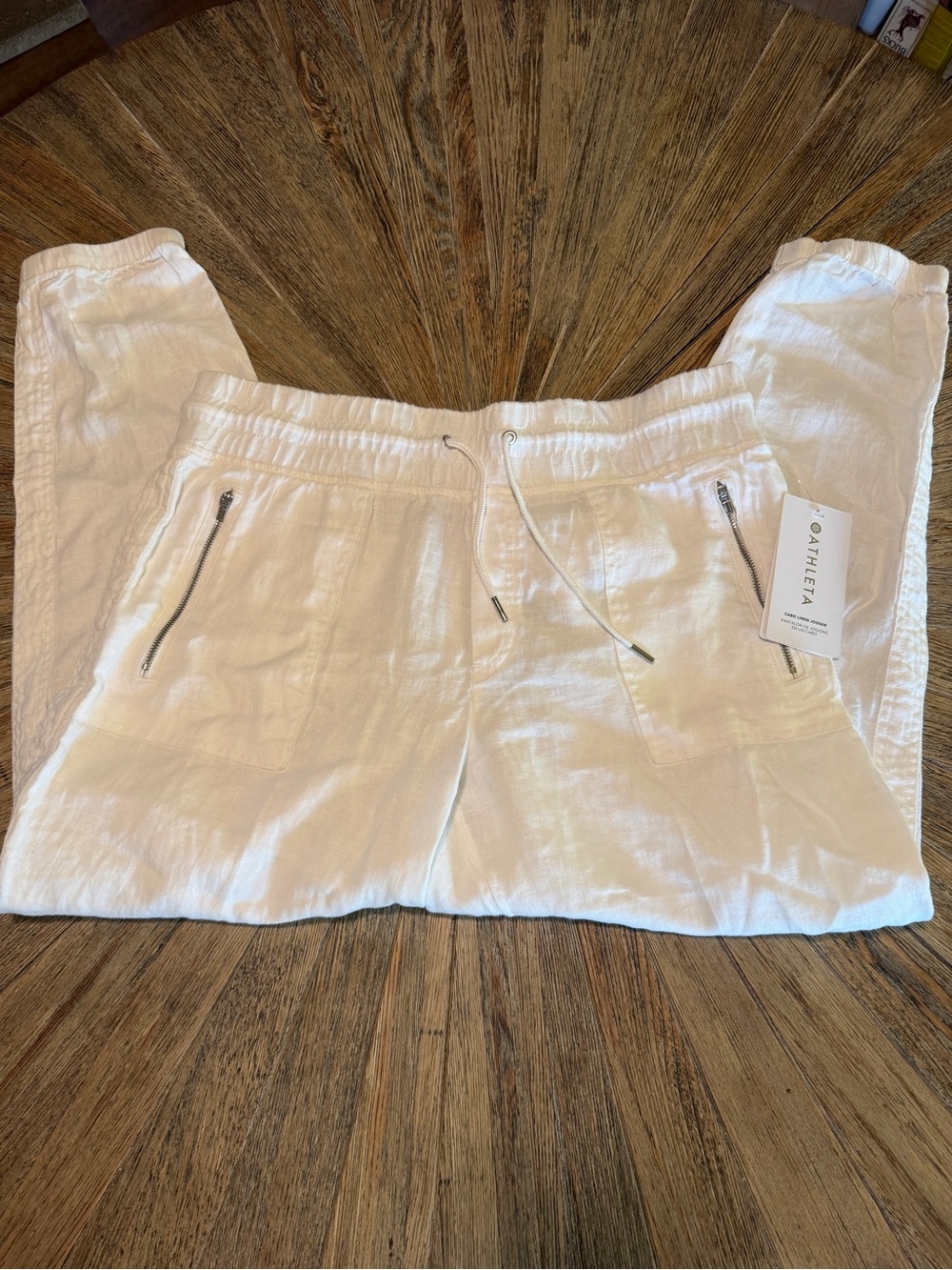 NWT Athleta white linen jogger pants size 14 drawstring waist Style Cabo linen